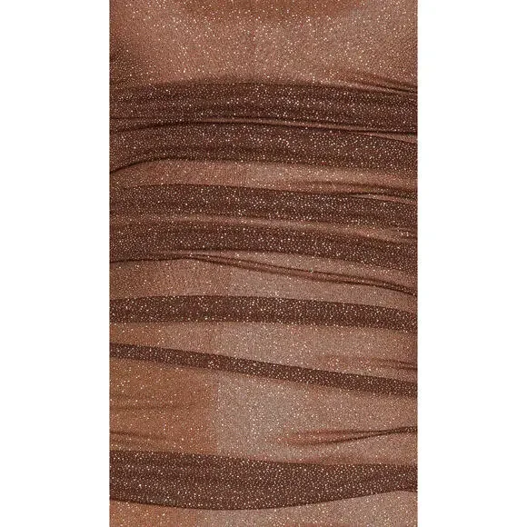 Bronx & Banco Maya Ruched Bateau Neckline Long Dress XS Brown Glitter Sheer NWT - Picture 5 of 8